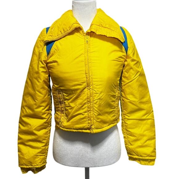 Vintage 70s Frostline Kit Ski Jacket XS Yellow Blue Nylon Ripstop Cropped Puffer - Picture 1 of 7